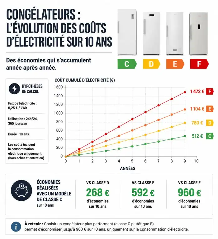 Comparatif des coûts d'électricité sur 10 ans selon la classe énergétique du congélateur basse consommation