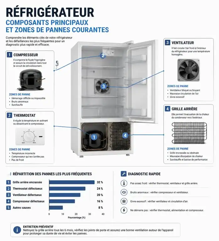 Schéma technique des composants d'un réfrigérateur pour le diagnostic de panne frigo