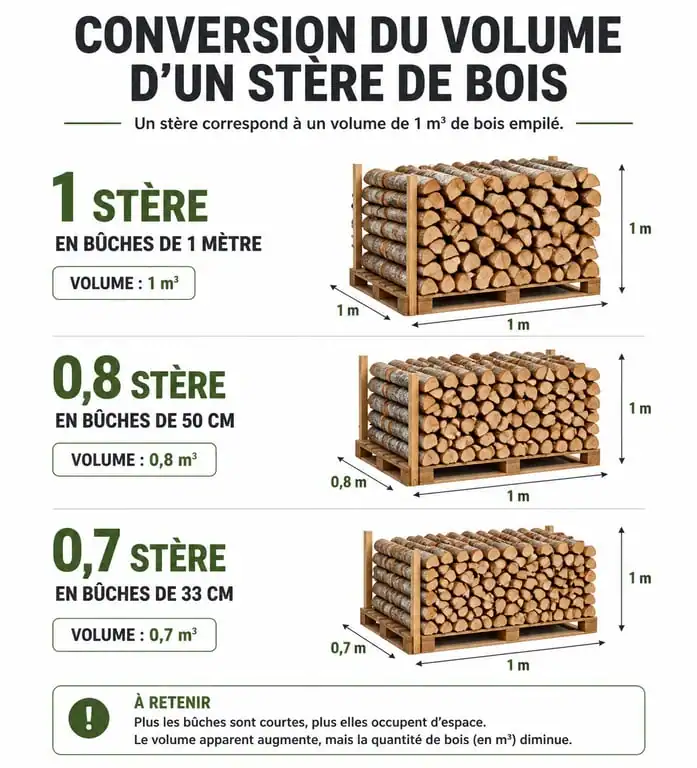 Infographie explicative du volume d'un stère de bois de chauffage selon la longueur des bûches