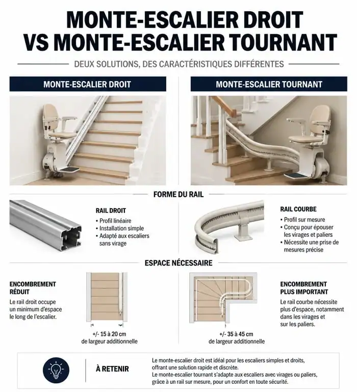 Infographie comparative des types de monte-escaliers : droit vs tournant pour votre projet de maintien à domicile