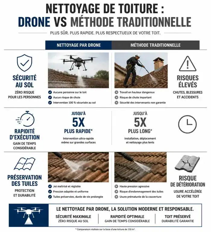 Infographie comparative : nettoyage de toiture par drone vs méthode traditionnelle
