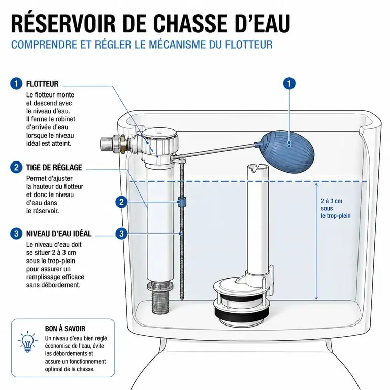 Schéma de réglage d'un flotteur de chasse d'eau pour réparer une fuite