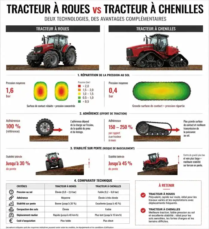 Infographie comparative tracteur à roues vs tracteur à chenille pour l'agriculture