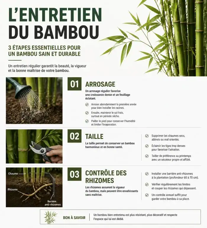Infographie sur l'entretien du bambou : arrosage, taille et contrôle des rhizomes