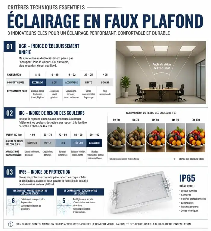 Infographie des critères techniques pour luminaire faux plafond : UGR, IRC et IP65