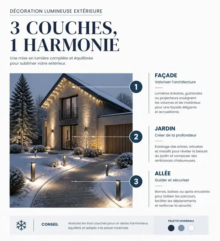 Schéma des trois couches de décoration de Noël extérieure pour structurer l'espace