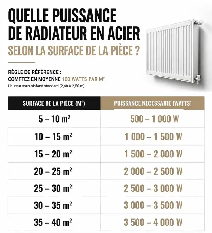Infographie de dimensionnement de radiateur en acier pour chauffage central