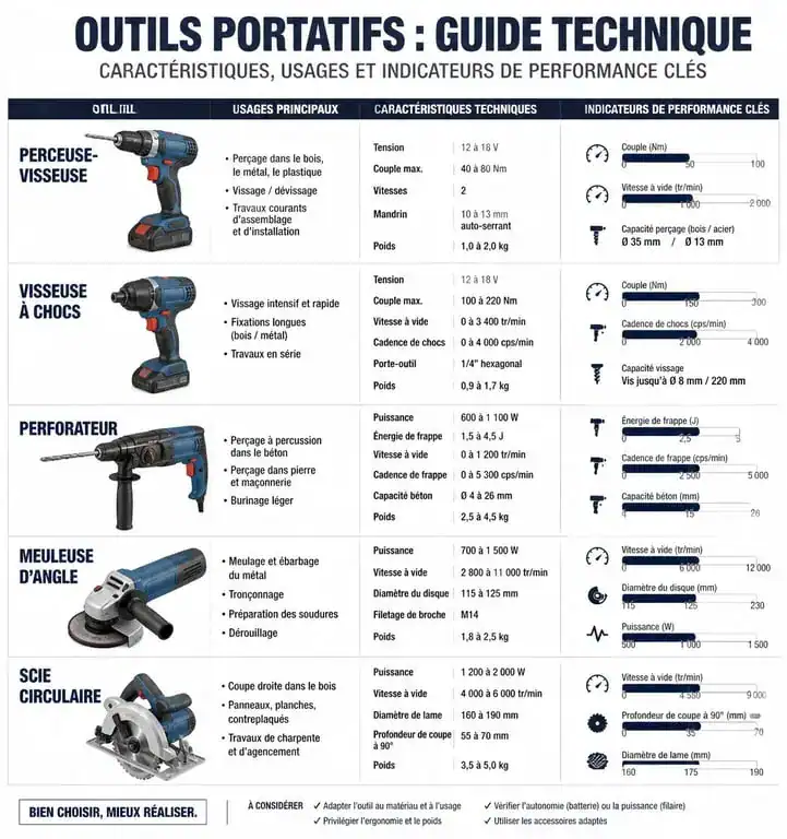 Infographie comparative des outils portatifs : perceuse, visseuse à chocs, perforateur, meuleuse et scie circulaire pour le choix de votre outillage portatif.