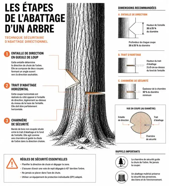 Schéma technique des étapes de coupe d'arbre : entaille de direction et charnière