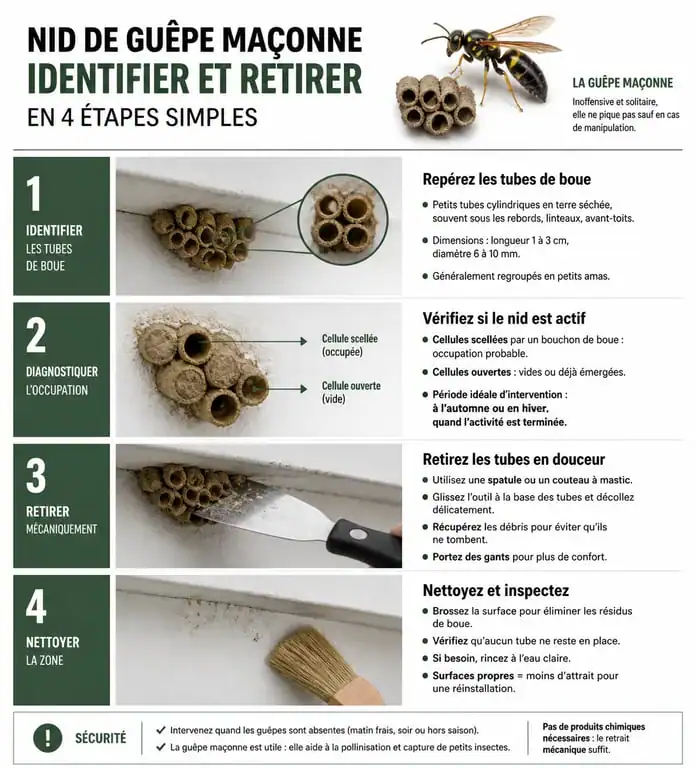 Infographie illustrant les étapes d'identification et de retrait sécurisé d'un nid de guêpe maçonne