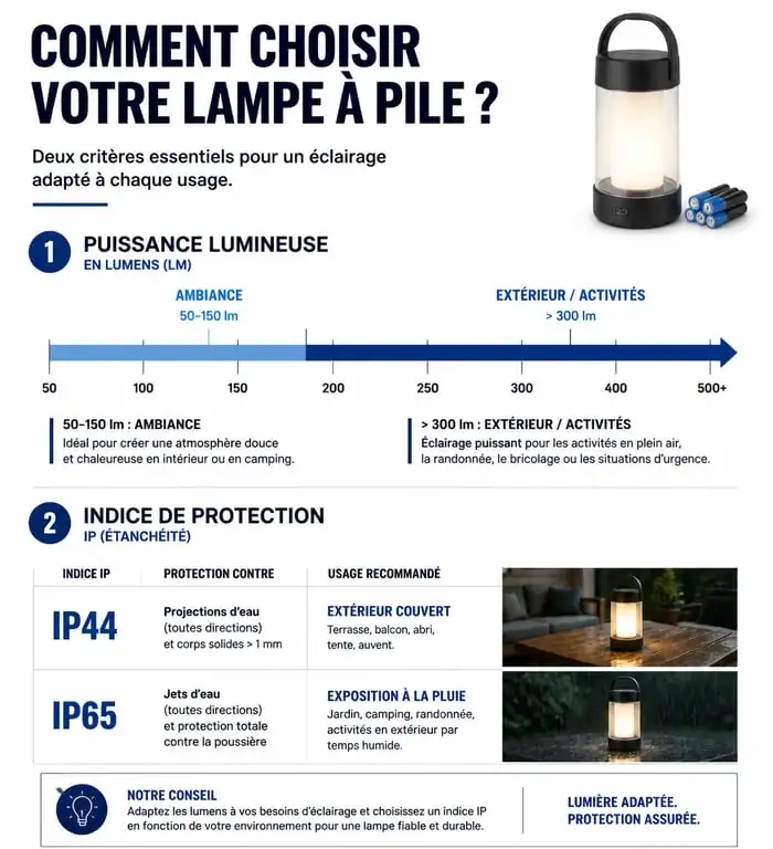 Infographie guide de choix technique pour lampe à pile : lumens et indice de protection IP