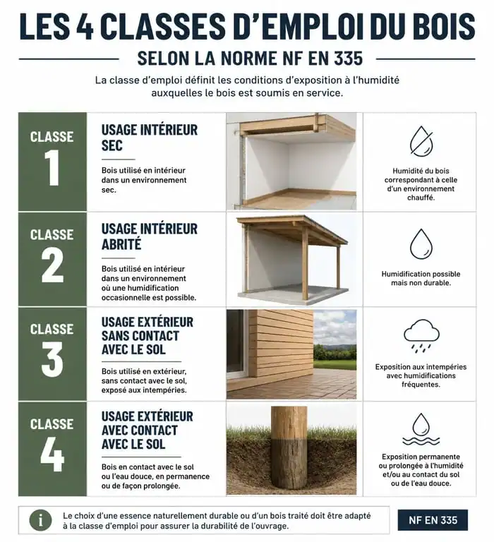 Infographie des classes d'emploi du bois pour colombage selon la norme NF EN 335