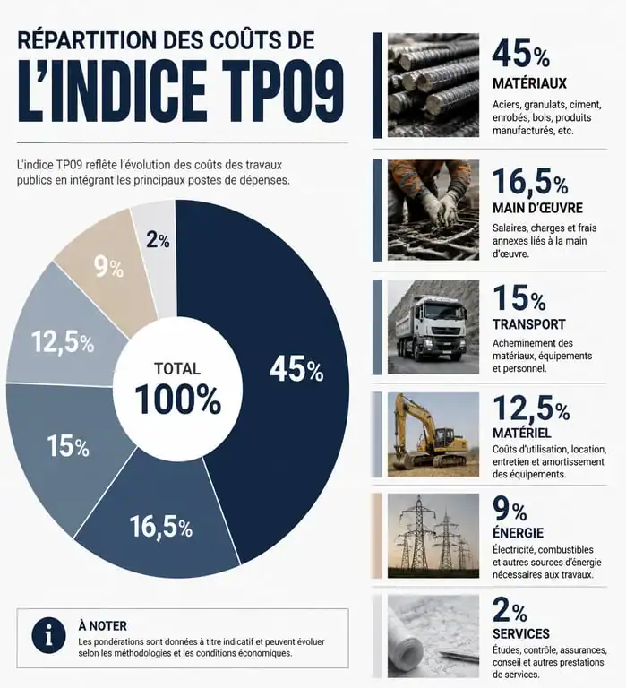Répartition des coûts de l'indice TP09 pour les travaux d'enrobés
