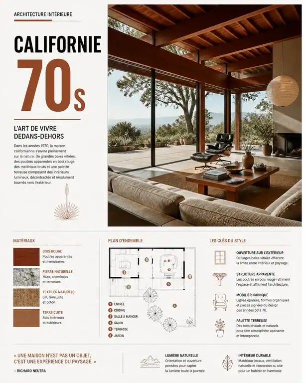 Intérieur de maison californienne année 70 avec baies vitrées et mobilier vintage