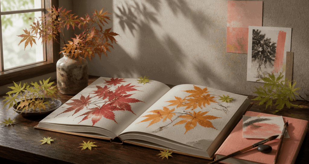 erable feuillage livre table