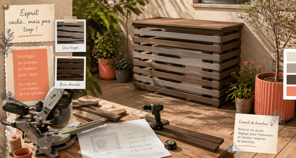 fabriquer un cache pompe à chaleur en bois terrasse