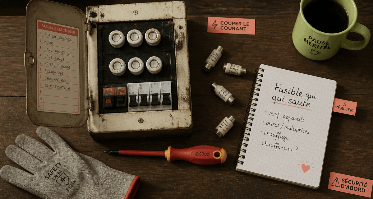 fusible qui saute sur un plan de travail avec outils