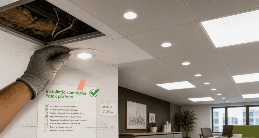 luminaire faux plafond LED et spot encastré