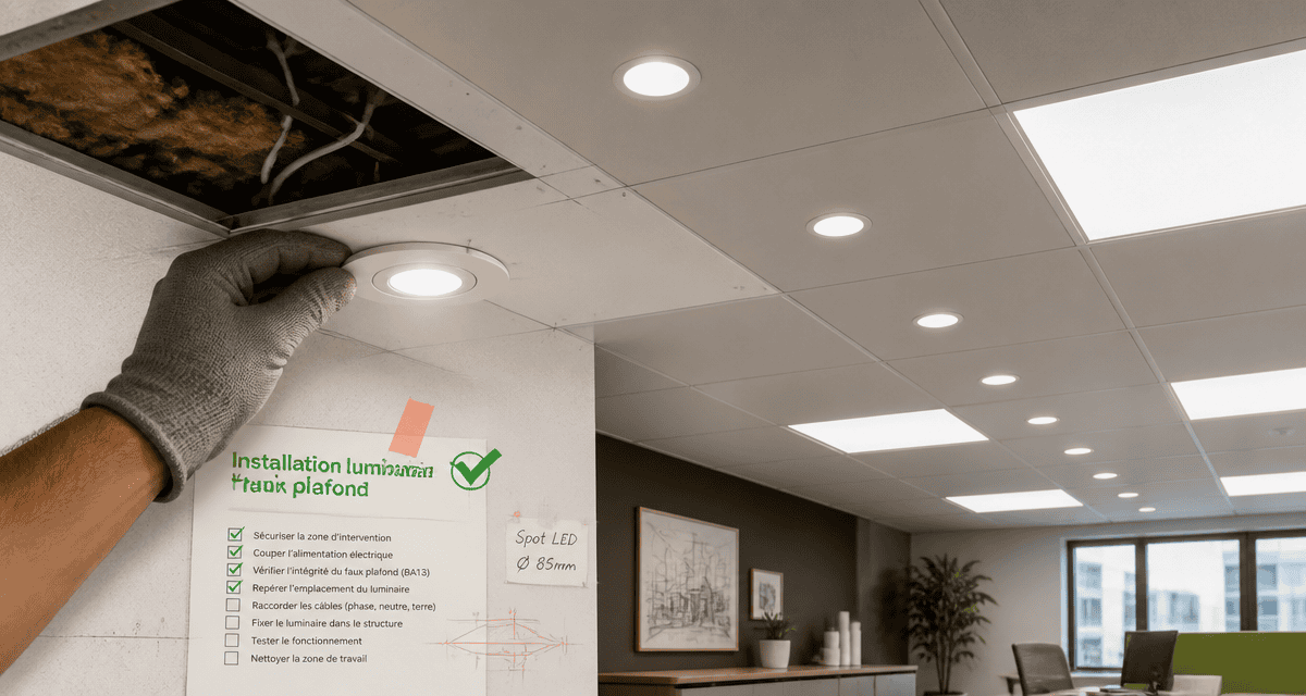 luminaire faux plafond LED et spot encastré