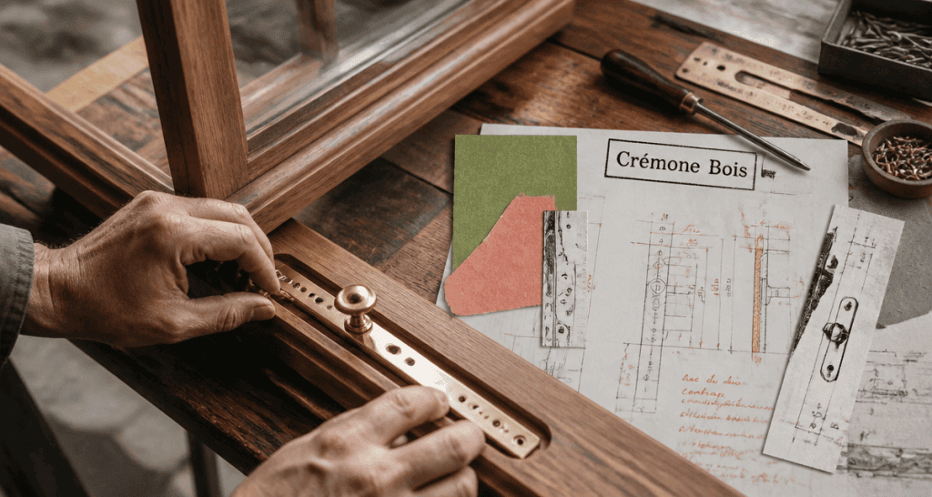 mecanisme cremone fenetre bois gros plan