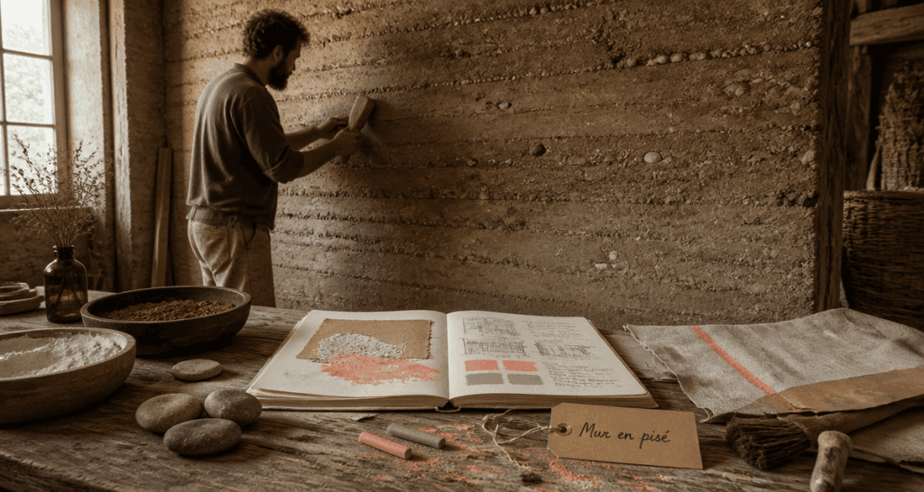 Atelier avec mur en pisé et artisan