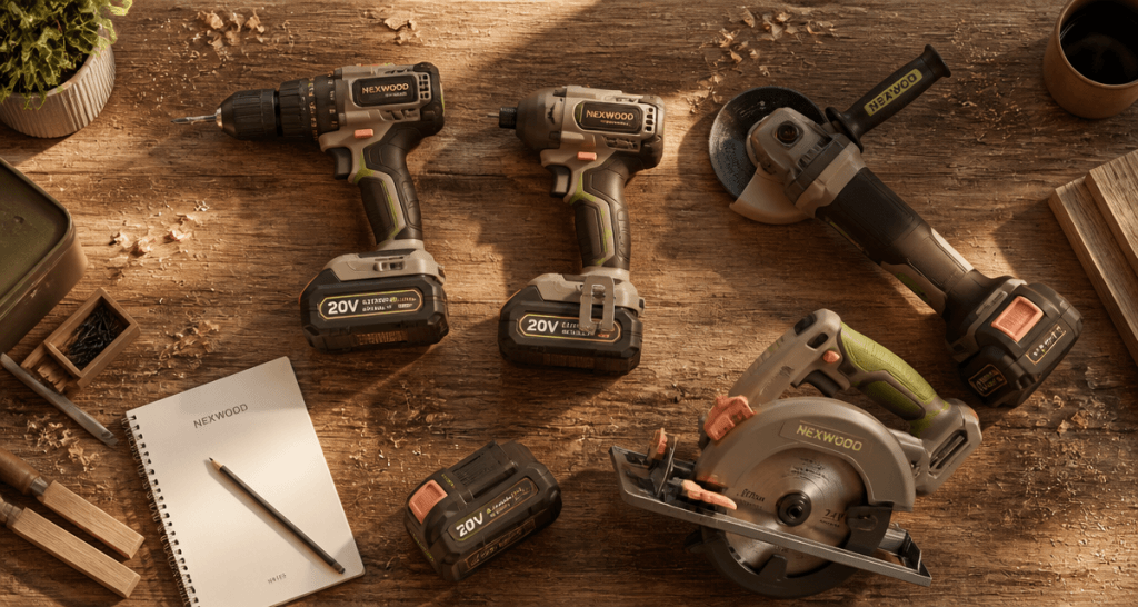 outillage portatif 18V brushless sur établi