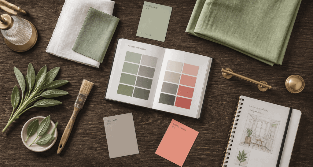 échantillons vert sauge déco sur table en bois