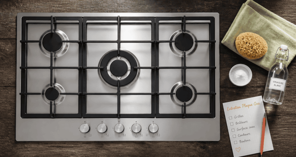 plaque de cuisson gaz 5 feux facile à nettoyer sur plan bois avec accessoires