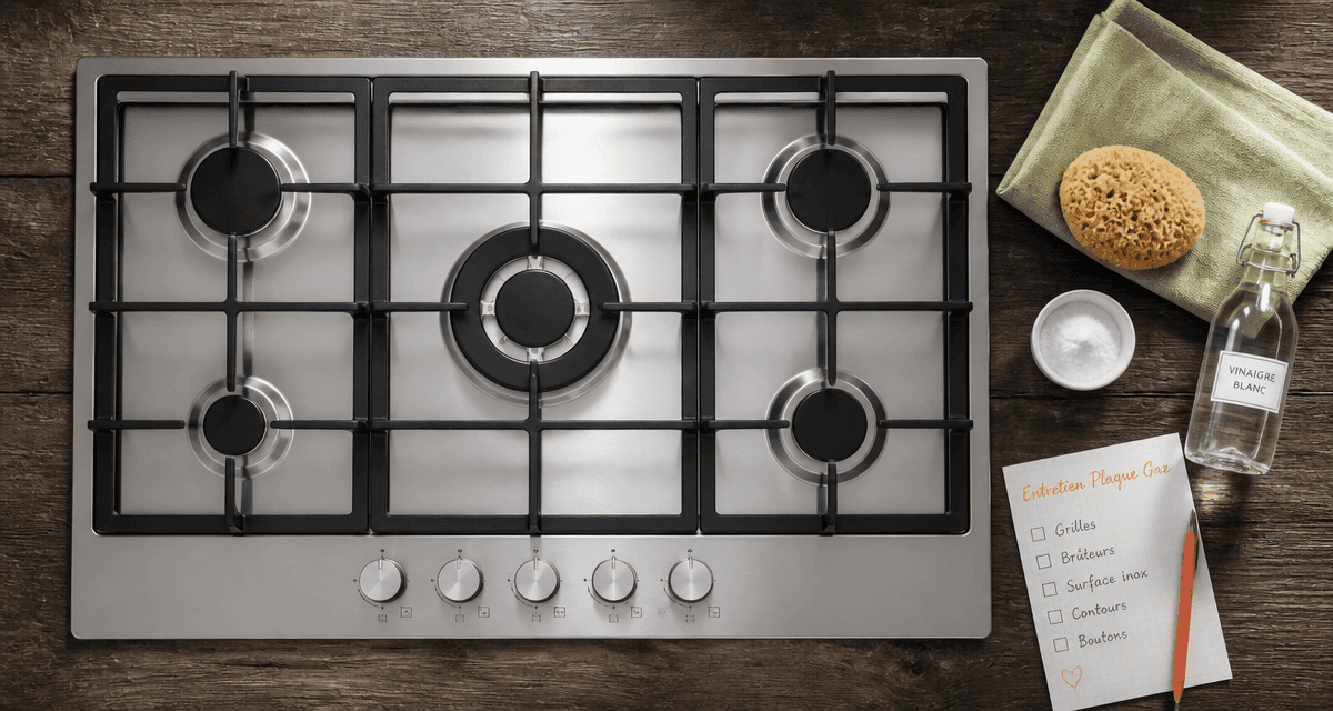 plaque de cuisson gaz 5 feux facile à nettoyer sur plan bois avec accessoires