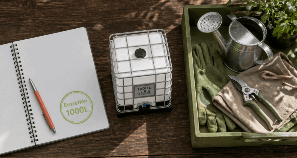 récupérateur d'eau 1000l avec outils de jardin