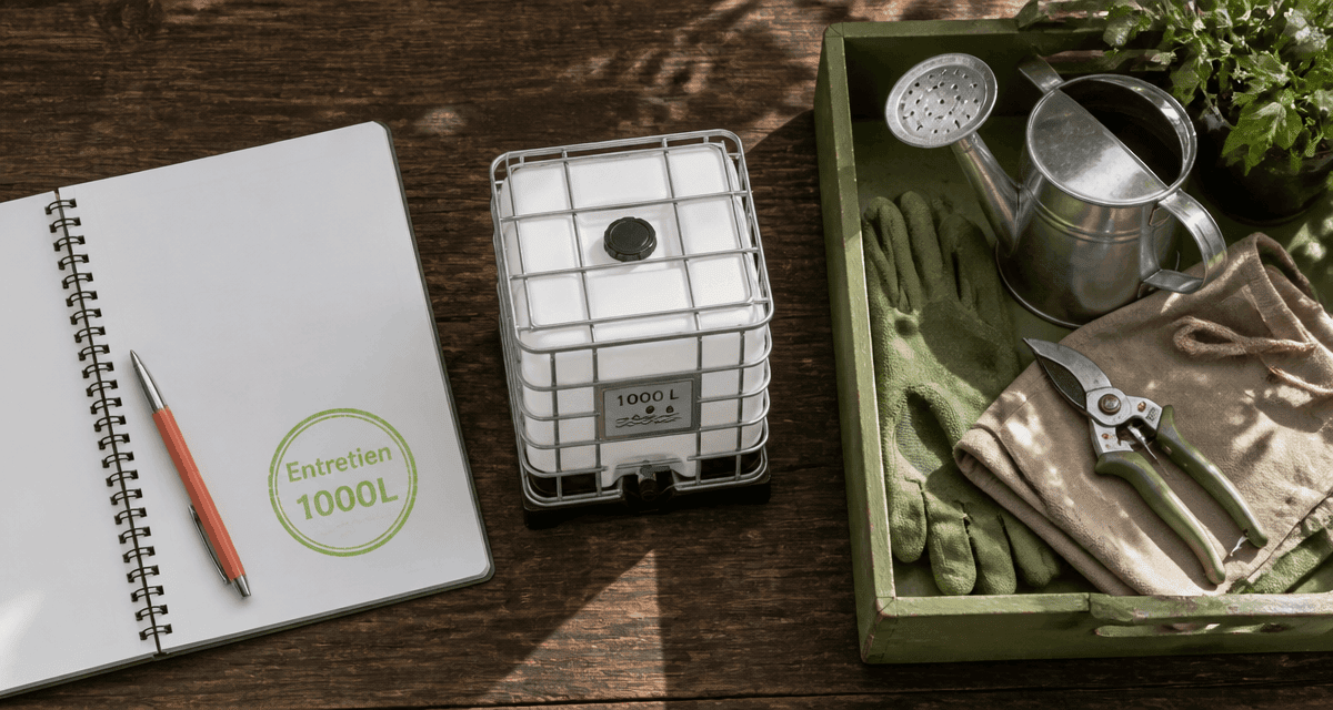 récupérateur d'eau 1000l avec outils de jardin