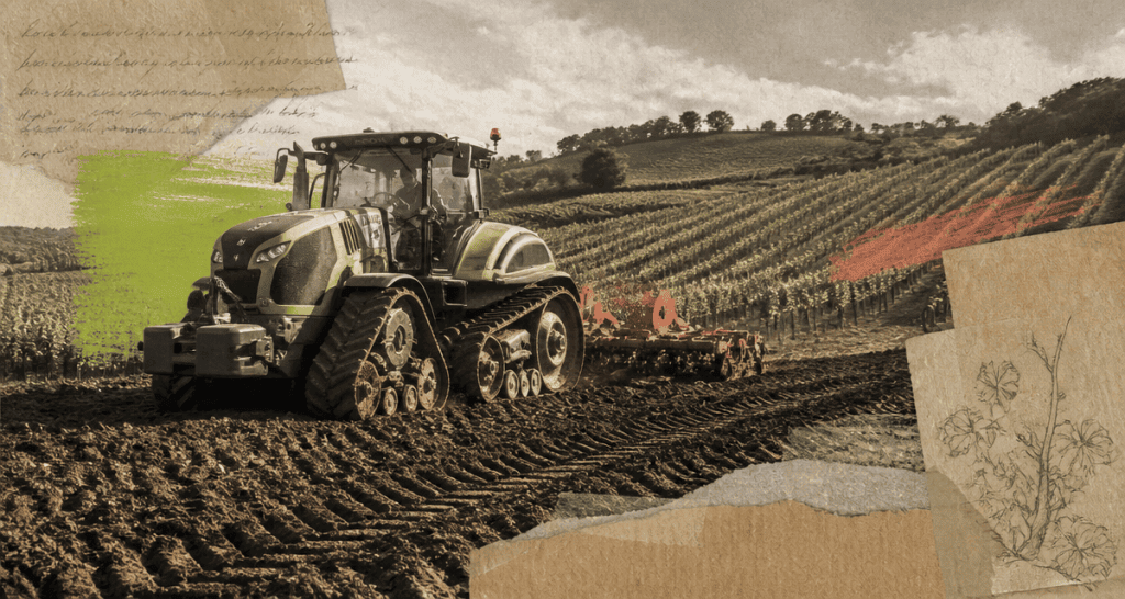 tracteur à chenille dans un champ en pente