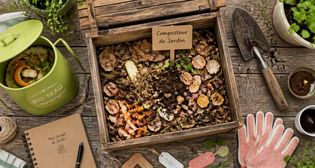 Composteur jardin avec déchets variés
