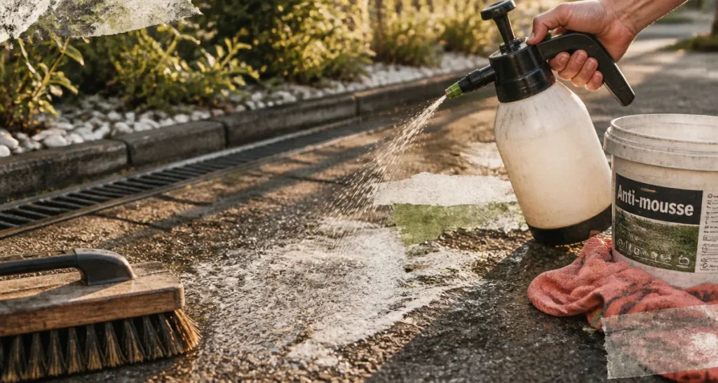 Eau de javel sur enrobé : mousse, brosse et pulvérisateur sur bitume