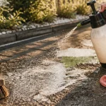 Eau de javel sur enrobé : mousse, brosse et pulvérisateur sur bitume
