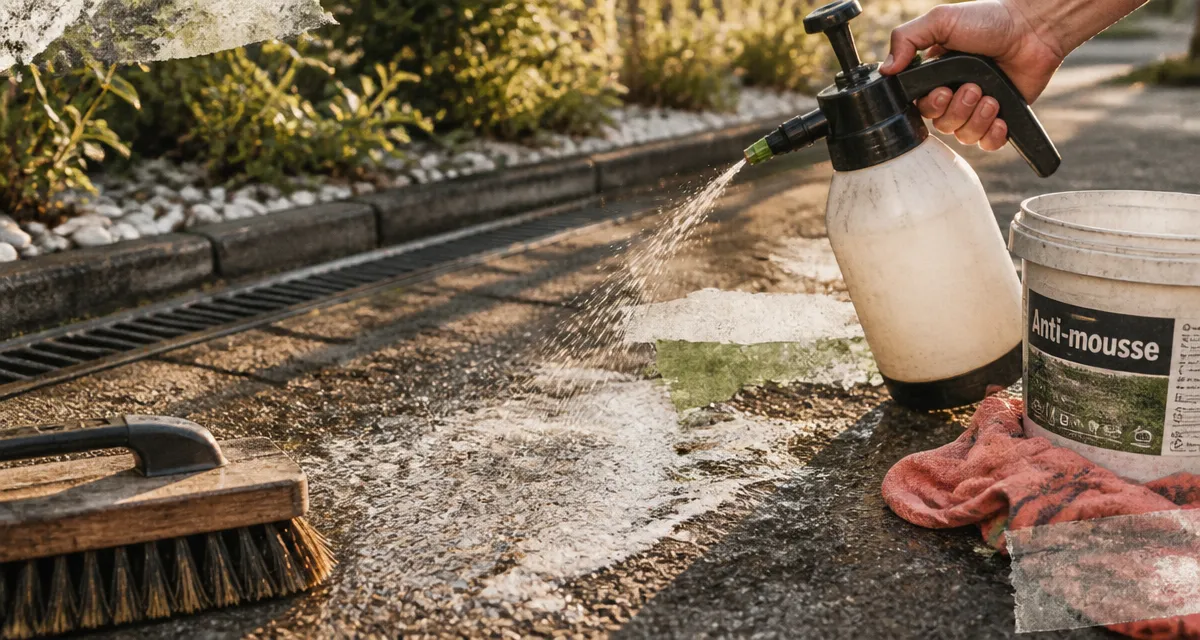 Eau de javel sur enrobé : mousse, brosse et pulvérisateur sur bitume