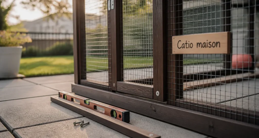 Enclos chat extérieur à faire soi-même (catio) en bois et grillage galvanisé sur dalle de jardin