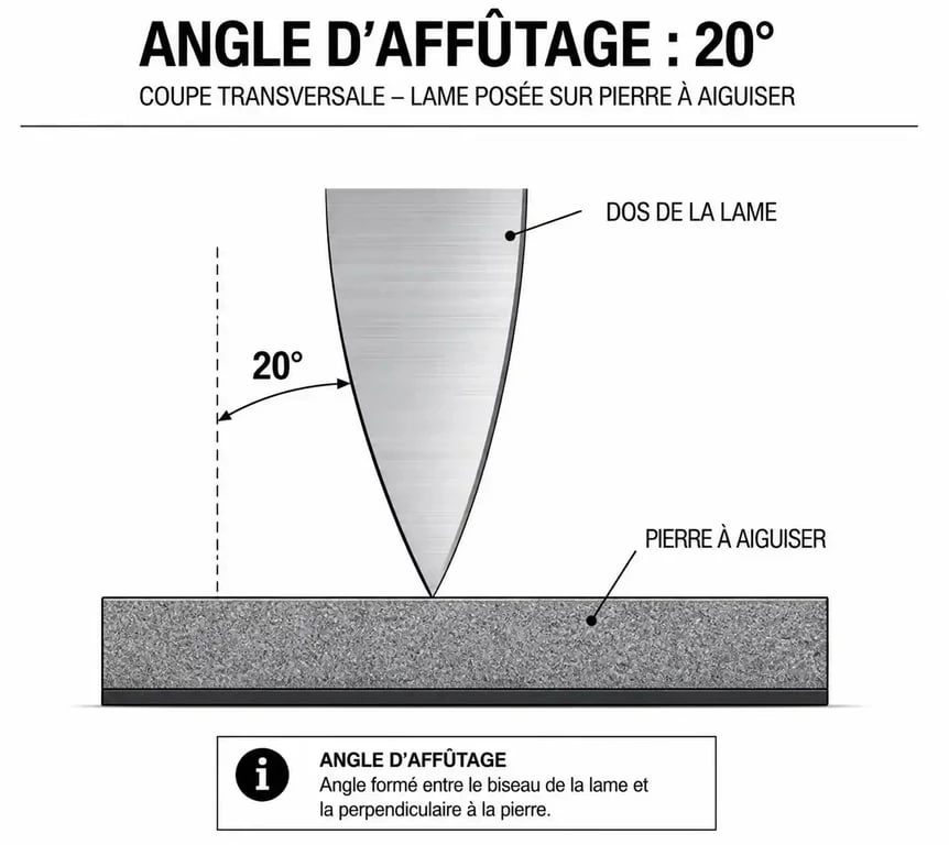 Schéma technique illustrant l'angle d'affûtage de 20 degrés pour utiliser une pierre à aiguiser