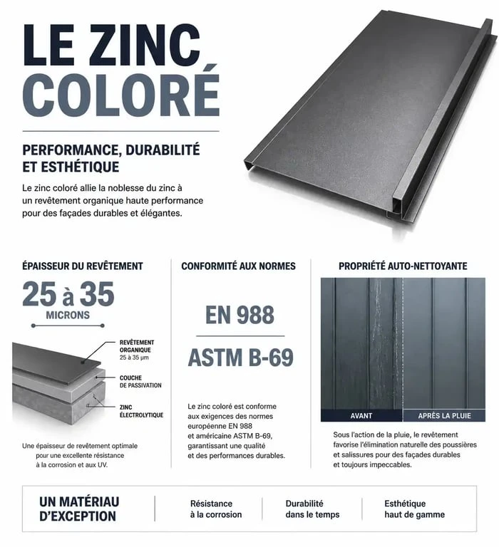 Infographie technique des caractéristiques et normes du zinc coloré pour le bâtiment