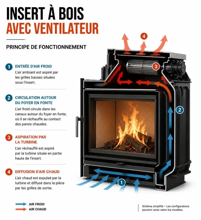 Schéma de fonctionnement d'un insert avec ventilateur pour une meilleure diffusion de la chaleur