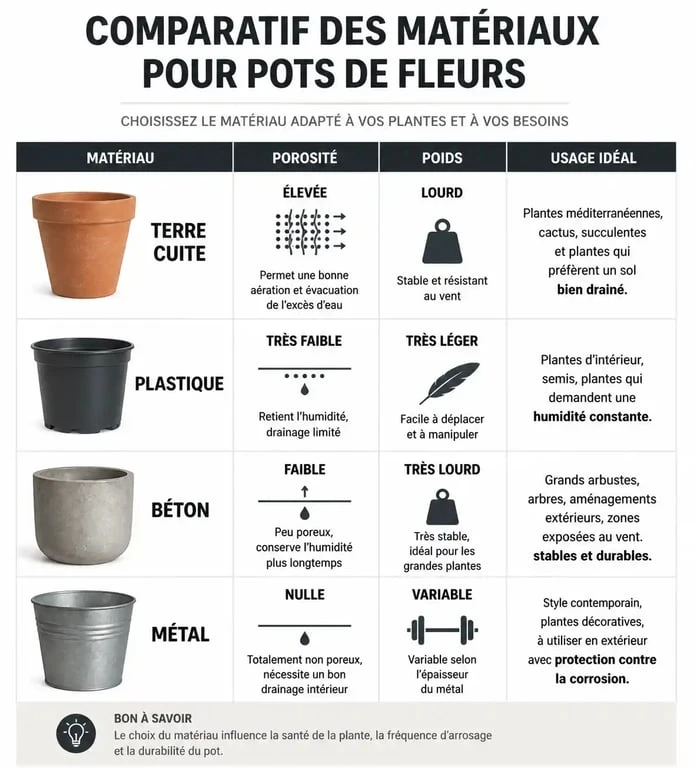 Infographie comparative des matériaux pour pots de fleurs : terre cuite, plastique, béton et métal pour choisir le meilleur pot de fleurs.