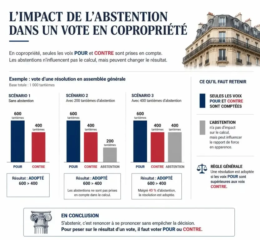Infographie sur l'impact de l'abstention lors d'un vote en AG de copropriété