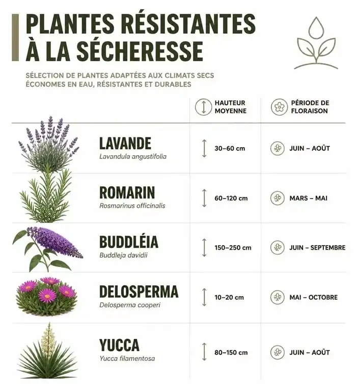 Infographie des meilleures plantes plein soleil sans arrosage pour un jardin résistant à la sécheresse