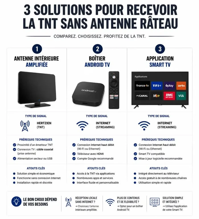 Comparatif des solutions pour recevoir la TNT sans antenne : antenne intérieure, boîtier TV et streaming