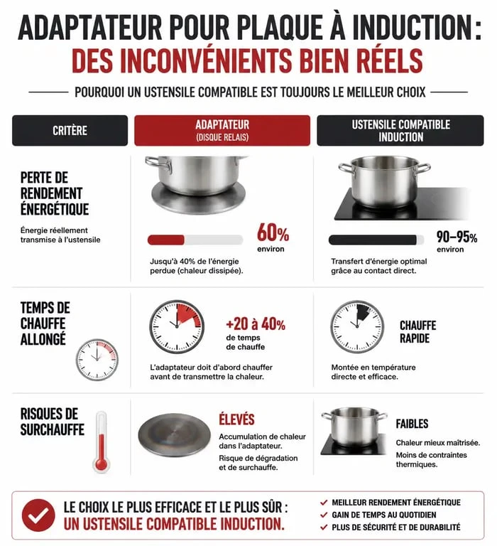 Infographie comparative des inconvénients de l'adaptateur induction par rapport aux ustensiles compatibles