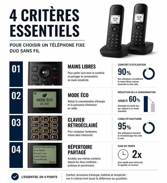 Infographie des critères de choix pour un téléphone fixe duo sans fil
