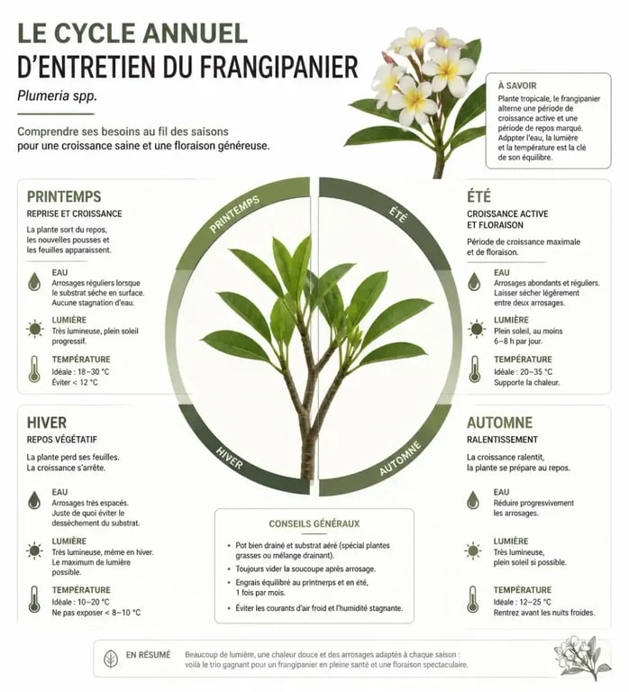 Infographie sur l'entretien et le cycle de vie des fleurs de frangipanier