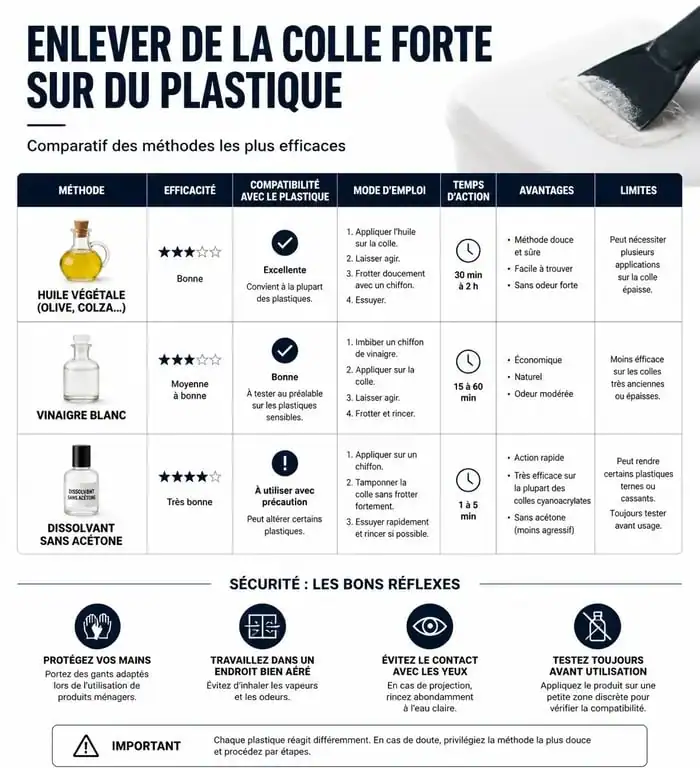 Infographie des méthodes pour enlever de la colle forte sur du plastique en toute sécurité