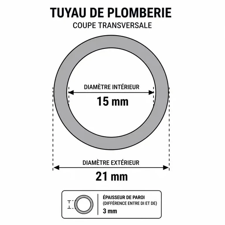Schéma explicatif des dimensions d'un raccord plomberie 15/21 montrant le diamètre intérieur et extérieur