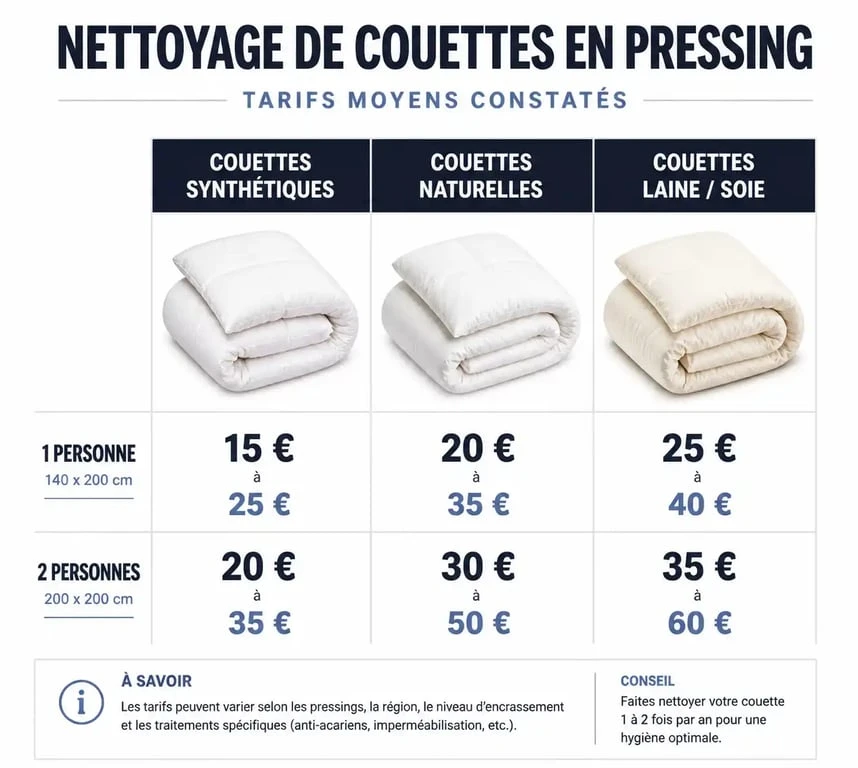 Tableau comparatif des prix de pressing pour couette selon la matière et la taille